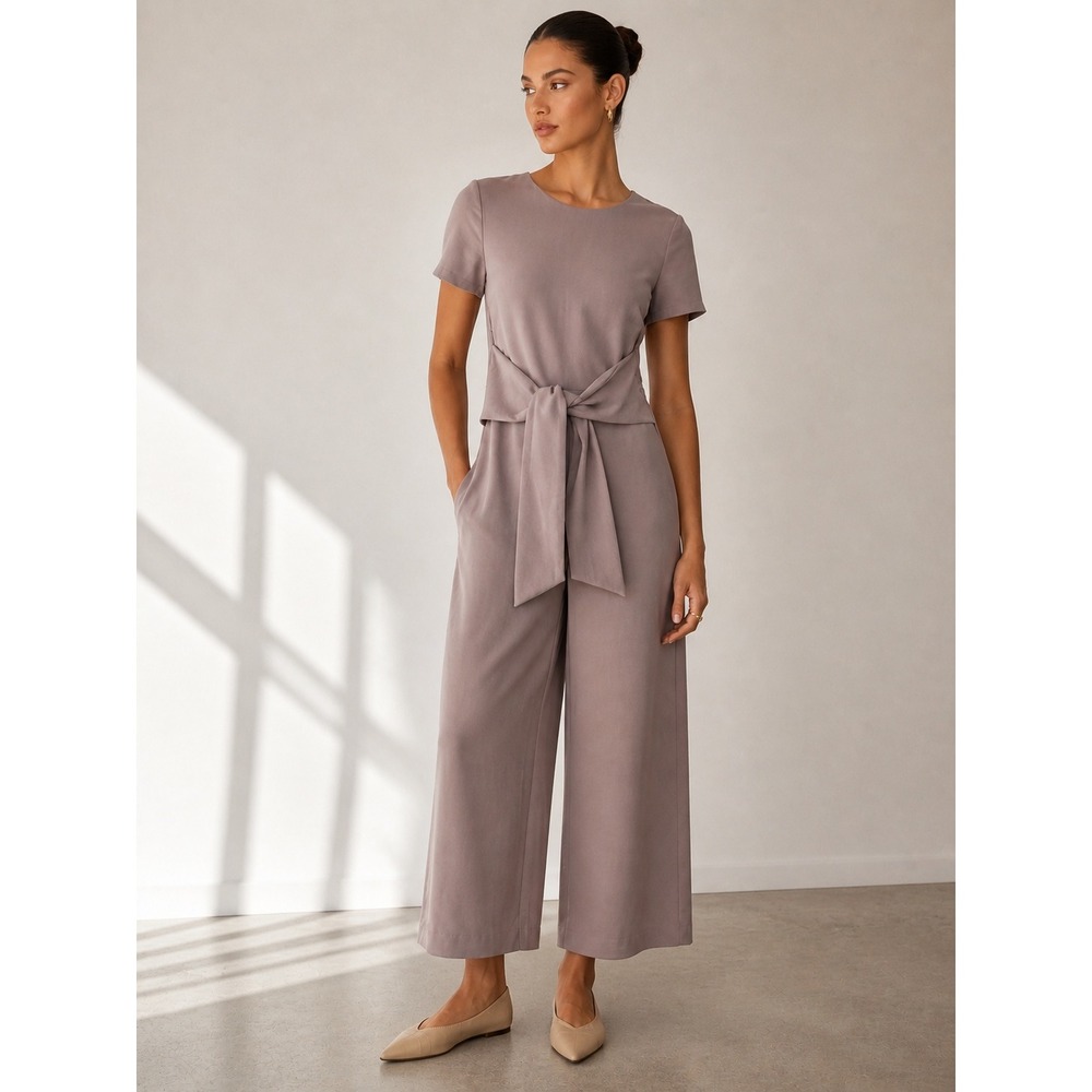 Modern Citizen‎ Wide Leg Jumpsuit Taupe Belted Minimalist Short Sleeve Small